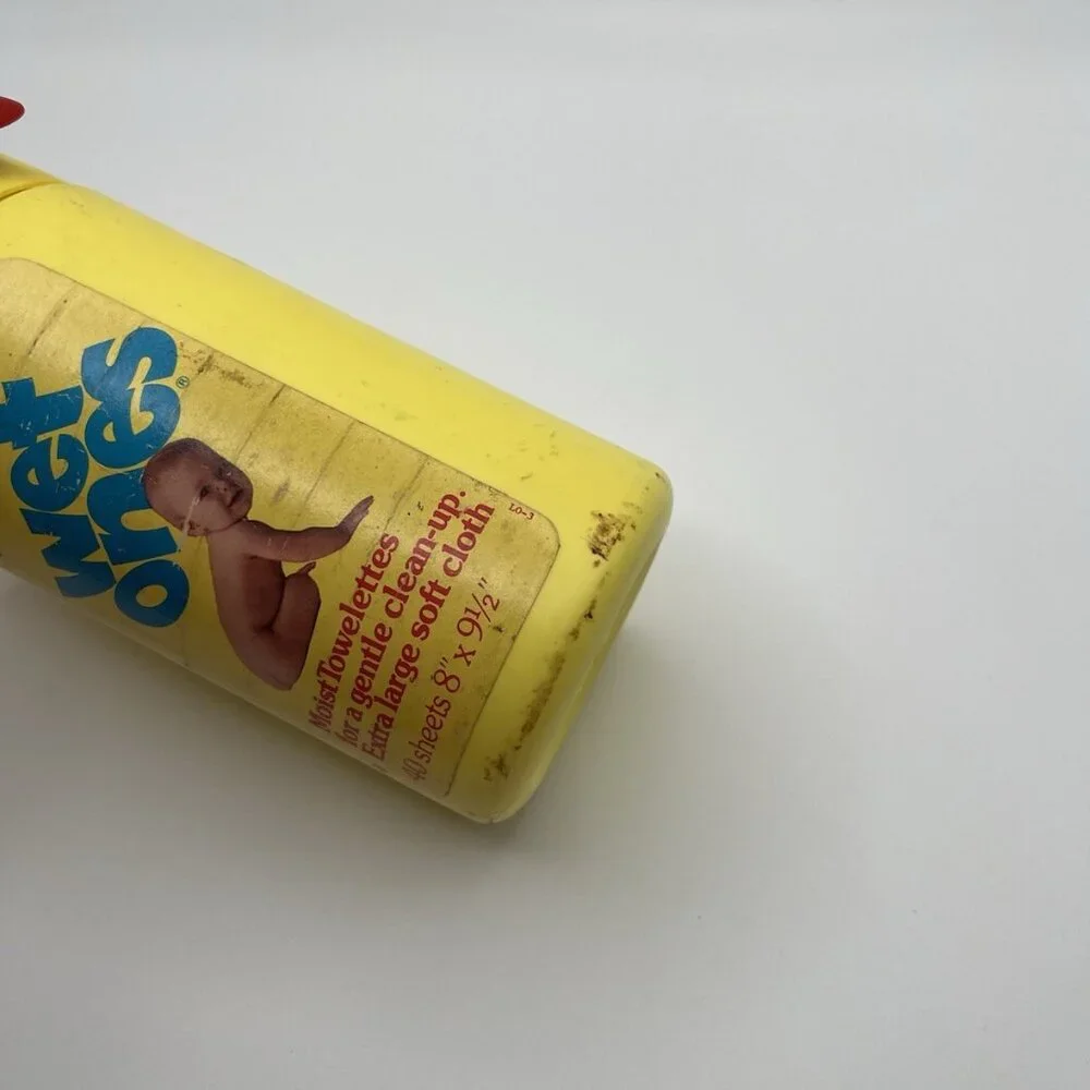 Vintage 80s Wet Ones Baby Size Towelettes Canister Retro Yellow Advertising